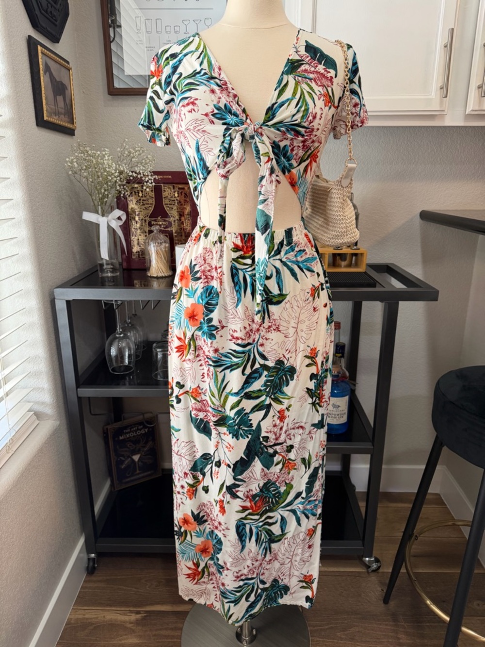 White/Multi Tropical Tie-Front Cutout Maxi Dress